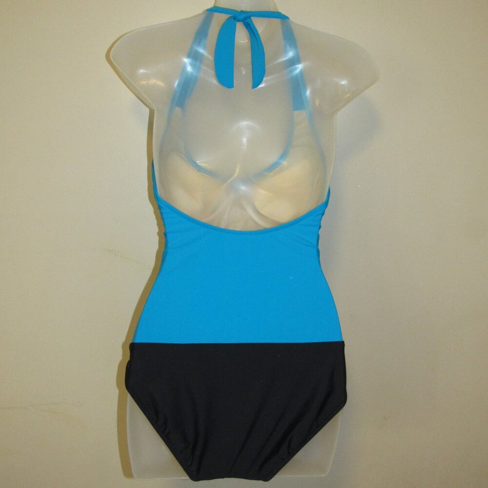 Carol Wior Blue Black Ruched V Neck Halter One Piece Slimming Swimsuit sz 8 - Picture 2 of 3